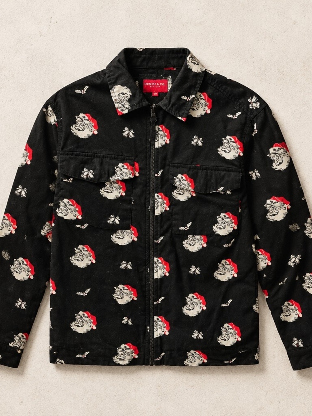 Denim&Co Black Button-Down Shirt Jacket with Red Santa Print